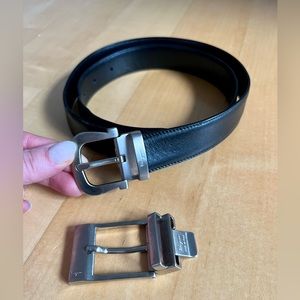 Salvatore Ferragamo Black Leather Belt with Two Silver Buckles (Round & Square)